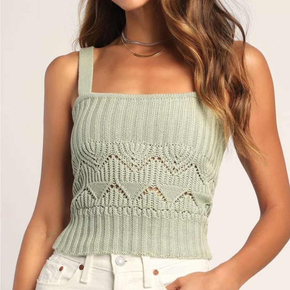 Point for Me Sage Green Pointelle Knit Tank Top